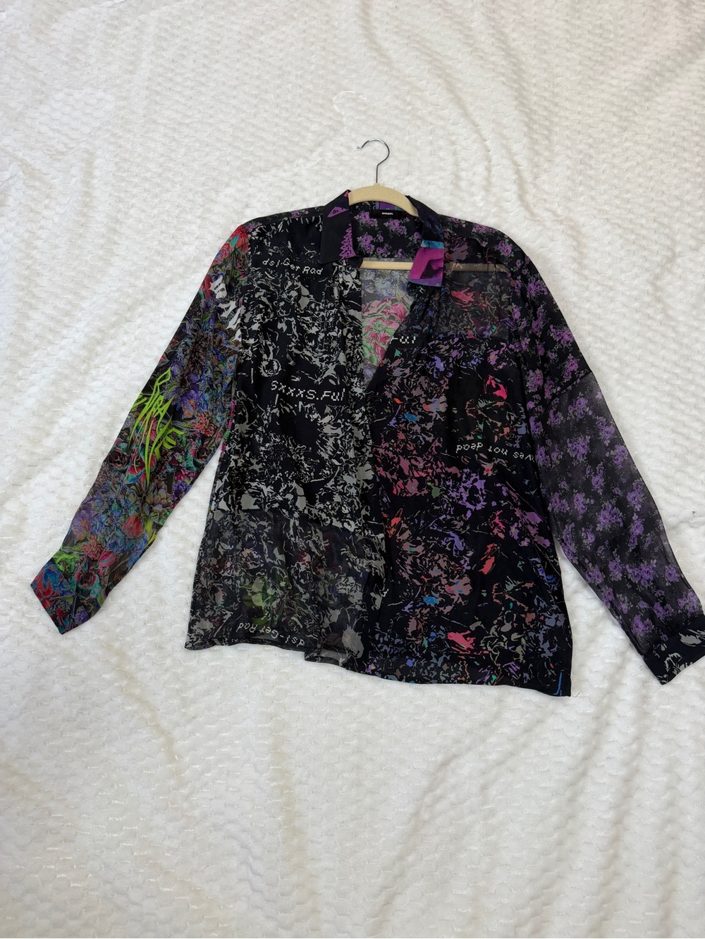 Diesel Sheer Multicolor Abstract Print Blouse - Black, Purple, Green, Pink